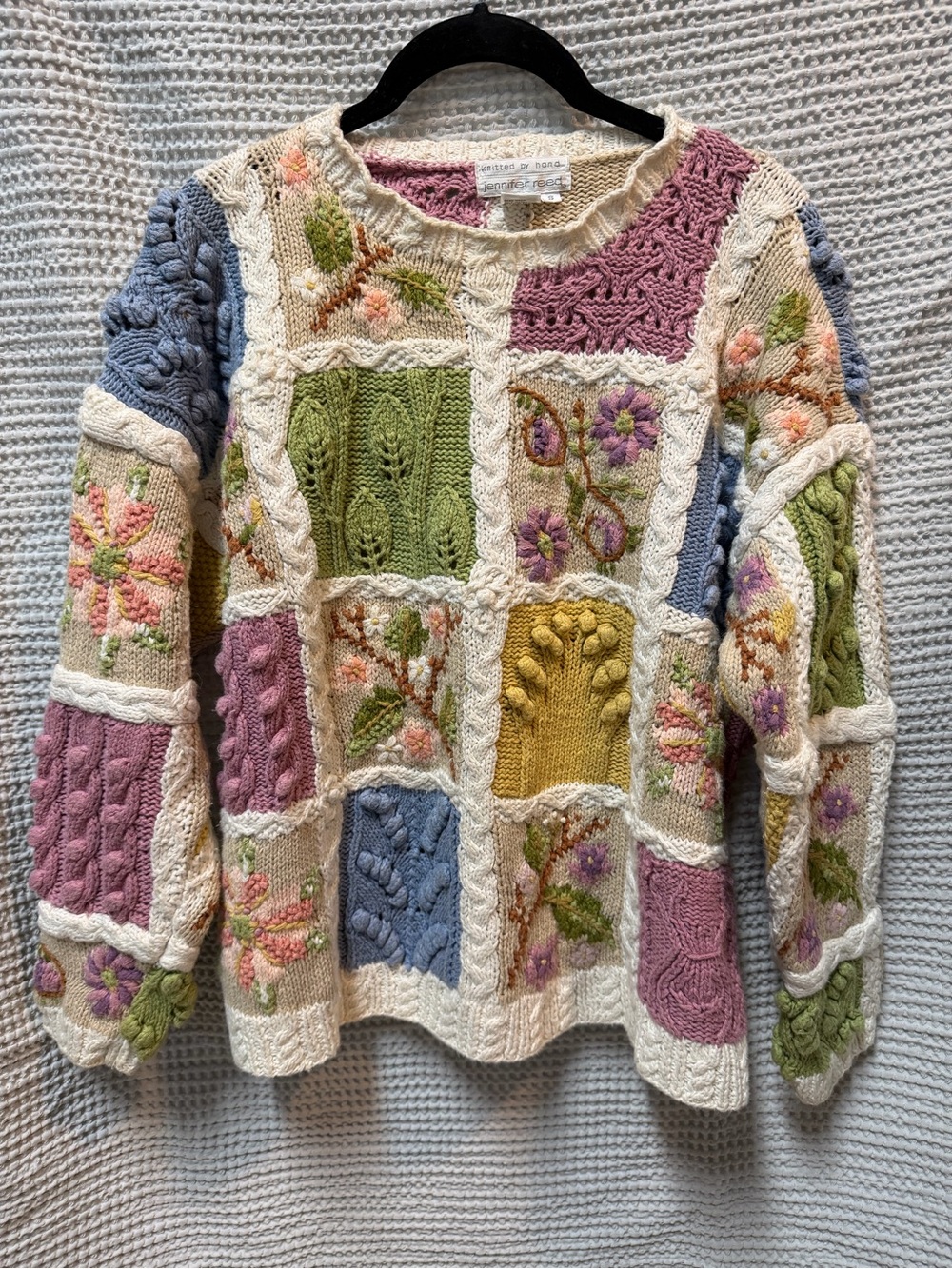Vintage Jennifer Reed Floral Handcrafted Patchwork Hand Knit Oversized Sweater